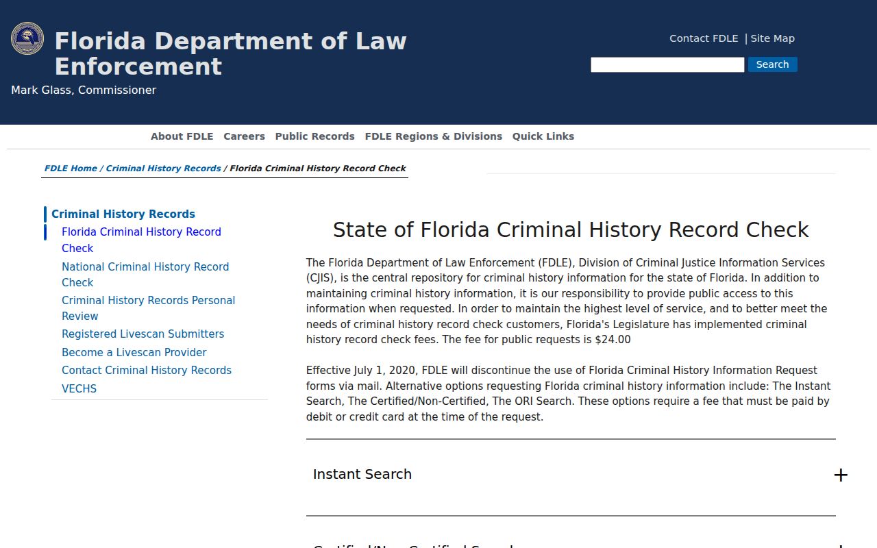 FDLE official Florida criminal history check options