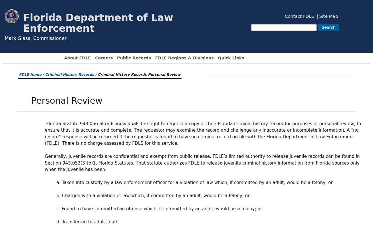FDLE personal criminal history record review instructions