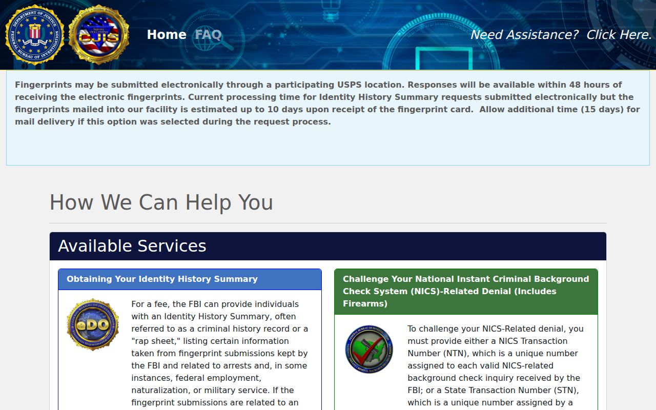 FBI electronic Identity History Summary portal