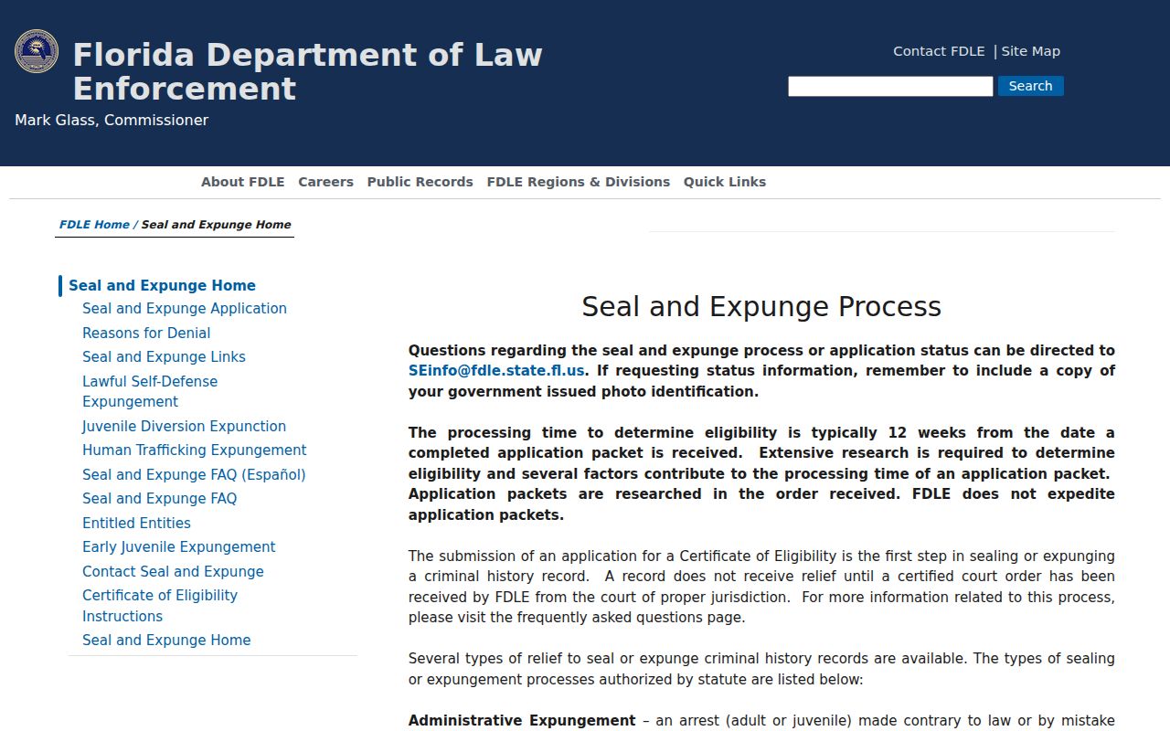 FDLE Florida sealing and expunction process overview