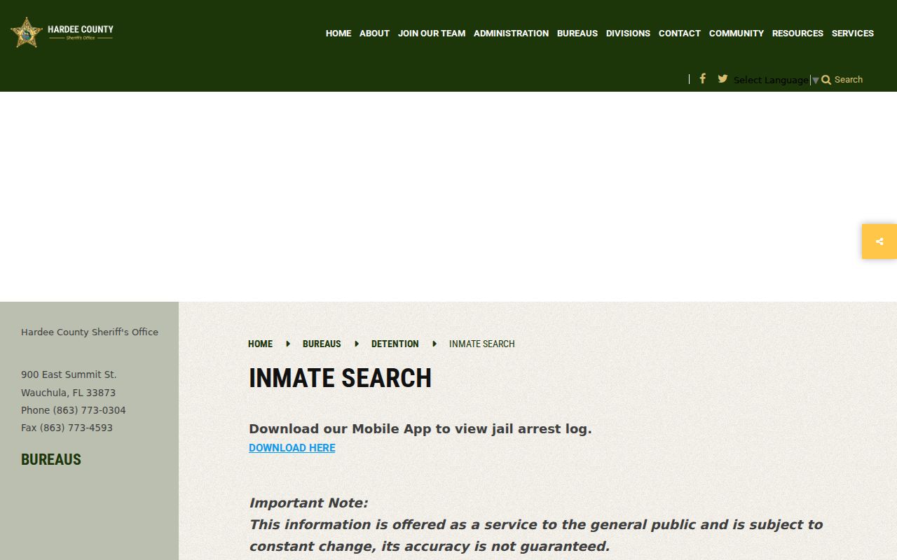 Hardee County Sheriff inmate and arrest log directions