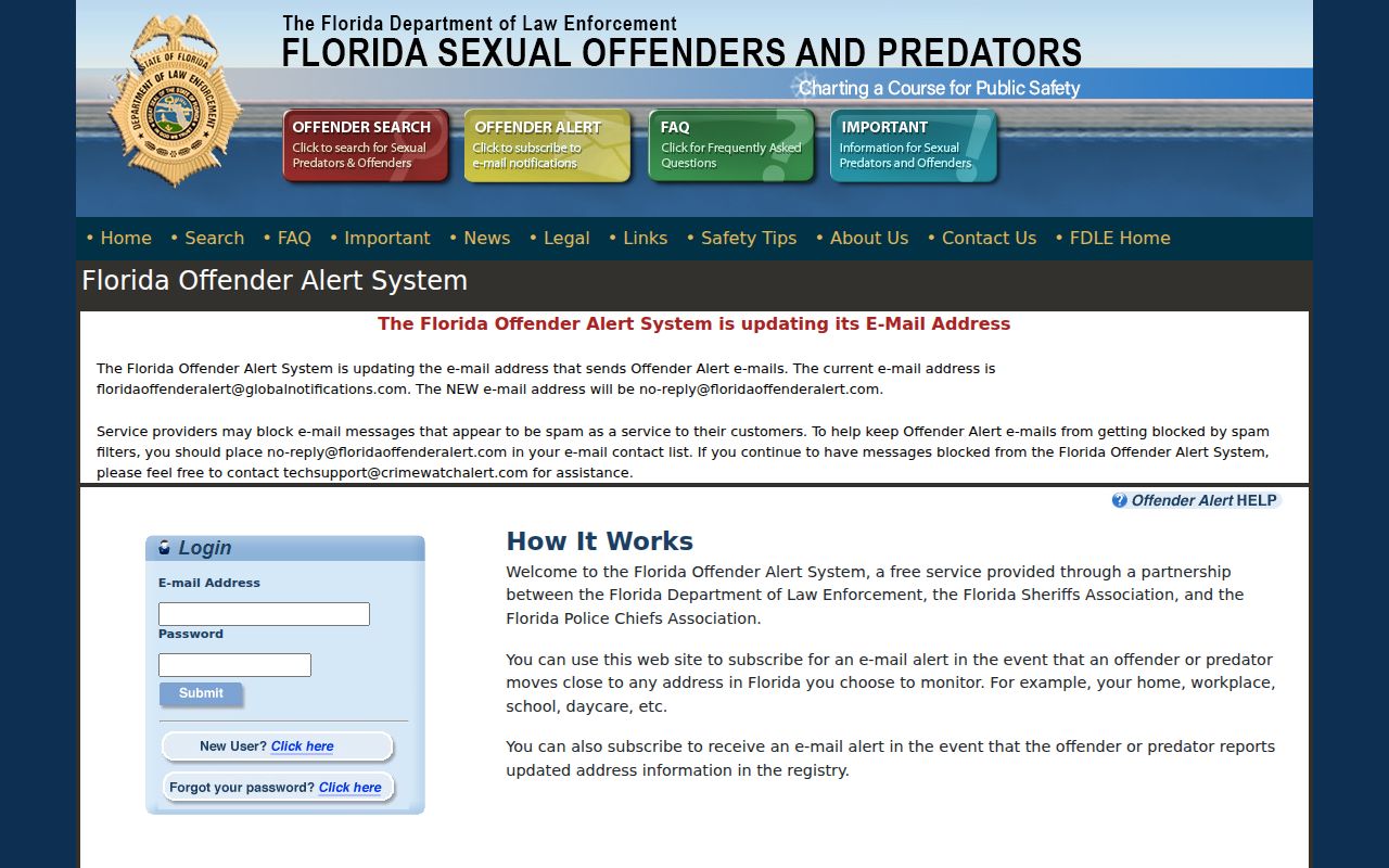 Florida Offender Alert official signup page